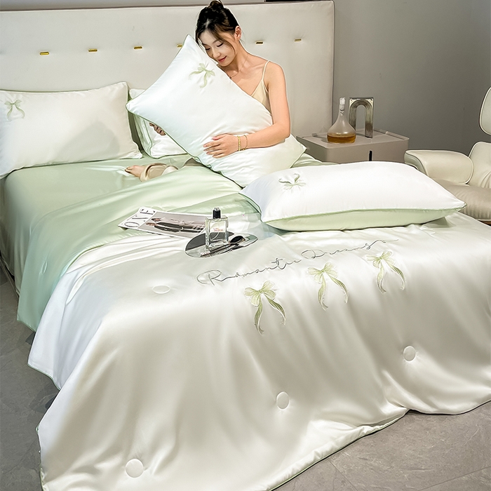 91家纺网 家纺一手货源 找家纺 如一 2025新款水洗冰丝麻绳夏被四件套-初夏 初夏-奶白绿