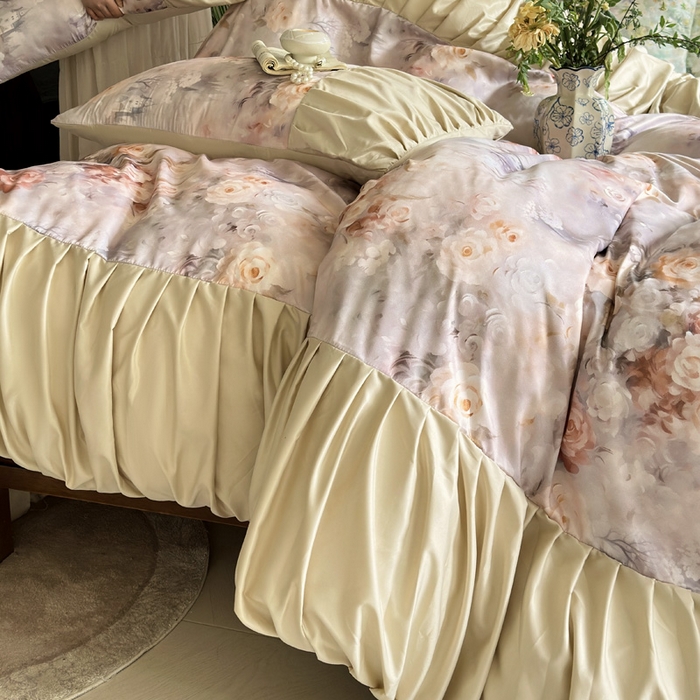 91家纺网 家纺一手货源 找家纺 艾米家居 2025新款A类天丝棉冰丝法式花边褶皱款四件套 秘密花园皱褶款