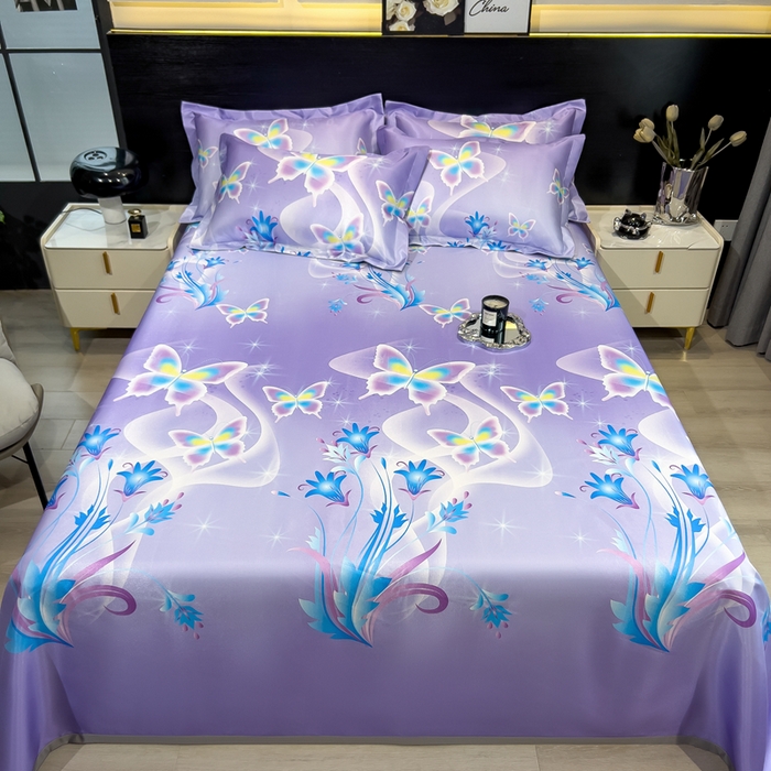 91家纺网 家纺一手货源 找家纺 许林家纺  2025新款冰丝凉席床单款凉席三件套 紫色蝶海