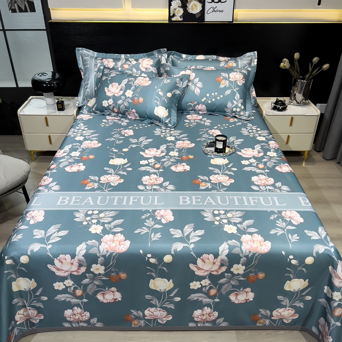 91家纺网 家纺一手货源 找家纺 许林家纺  2025新款冰丝凉席床单款凉席三件套 蜜桃花