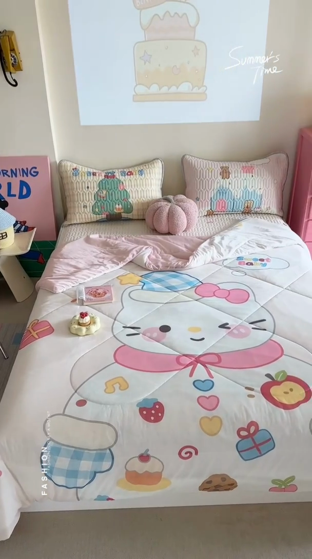 91家纺网 家纺一手货源 找家纺 美乐迪家纺2025新款凉感丝乳胶凉席夏被夏凉被空调被 派对小猫