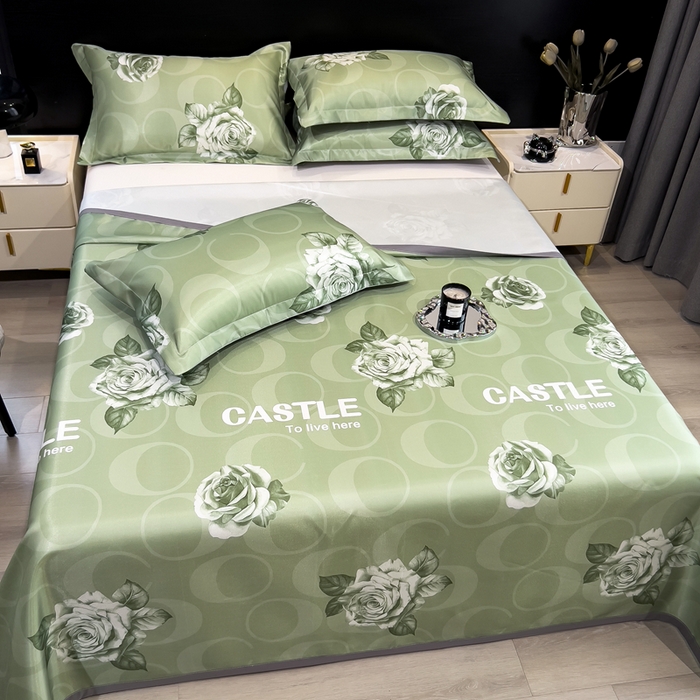 91家纺网 家纺一手货源 找家纺 许林家纺  2025新款冰丝凉席床单款凉席三件套 雨桐绿