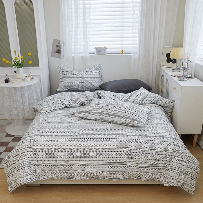 91家纺网 家纺一手货源 找家纺 花西夫人2025新款13372纯棉印花全棉四件套床单床笠款波西米亚-高级灰