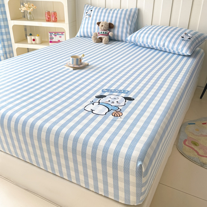 91家纺网 家纺一手货源 找家纺 雅居纺家纺 2025春夏新款全棉纯棉绣花A类老粗布单床笠床笠单件 篮球小狗