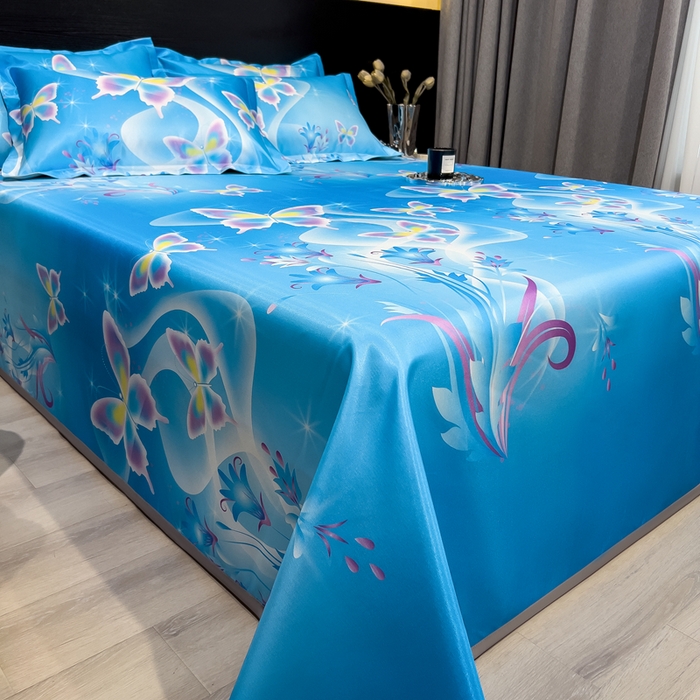 91家纺网 家纺一手货源 找家纺 许林家纺  2025新款冰丝凉席床单款凉席三件套 蓝色蝶海