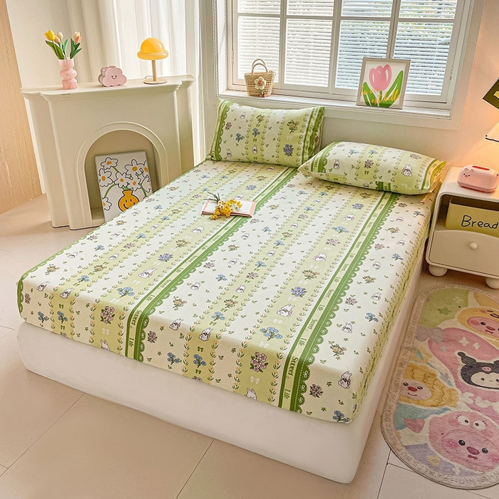 91家纺网 家纺一手货源 找家纺 晓时候2025新款老粗布床笠凉席 田园小兔