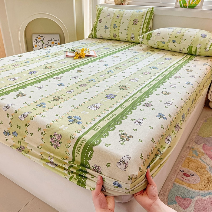 91家纺网 家纺一手货源 找家纺 晓时候2025新款老粗布床笠凉席 田园小兔