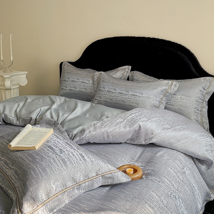 91家纺网 家纺一手货源 找家纺 优悦生活馆 2025新款冰丝亮丝提花四件套-白月光 星辰灰