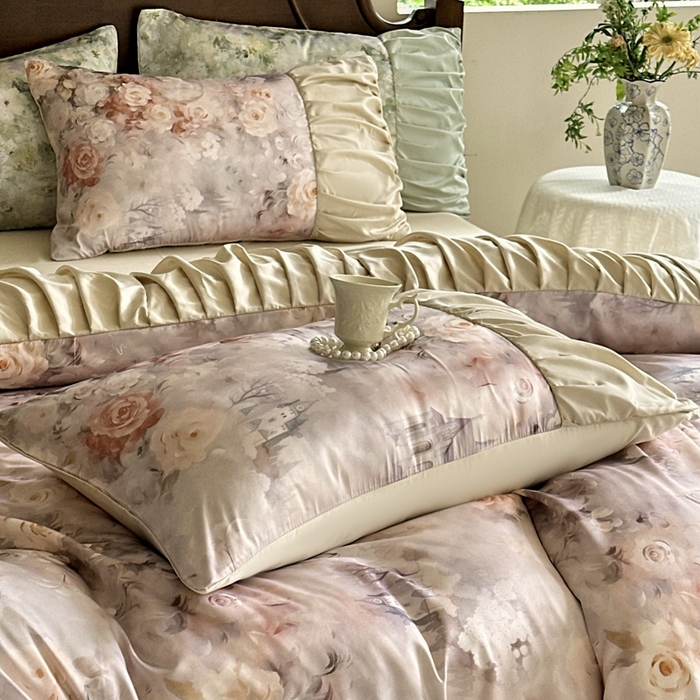 91家纺网 家纺一手货源 找家纺 艾米家居 2025新款A类天丝棉冰丝法式花边褶皱款四件套 秘密花园皱褶款