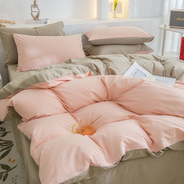 91家纺网 家纺一手货源 找家纺 2025新款全棉双拼水洗棉四件套 双拼-粉卡其