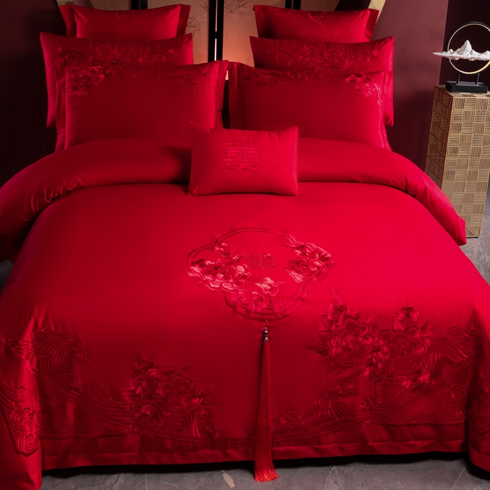 91家纺网 家纺一手货源 找家纺 慕她家纺 2025新款慕她婚庆四件套全棉纯棉结婚刺绣花多件套六八十床品 美丽红妆