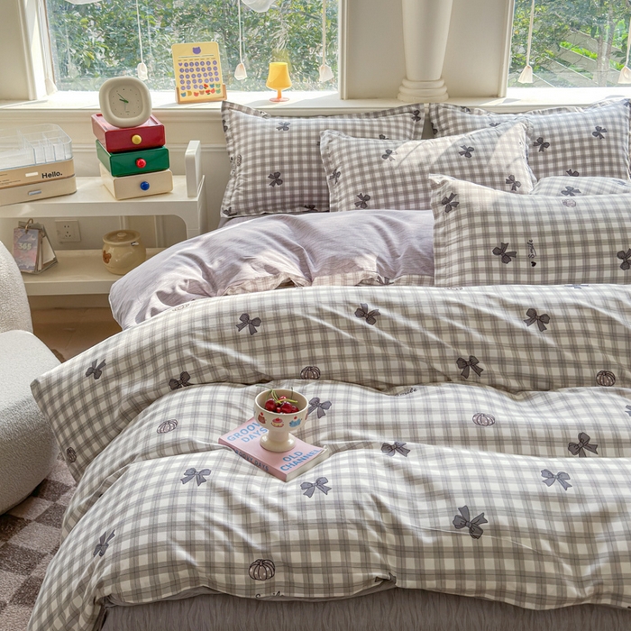 91家纺网 家纺一手货源 找家纺 佑佳家纺 2025年新款铂金棉芦荟棉学生三件套四件套 单被套 单枕套「支持定做各种尺寸」 蝴蝶结-灰