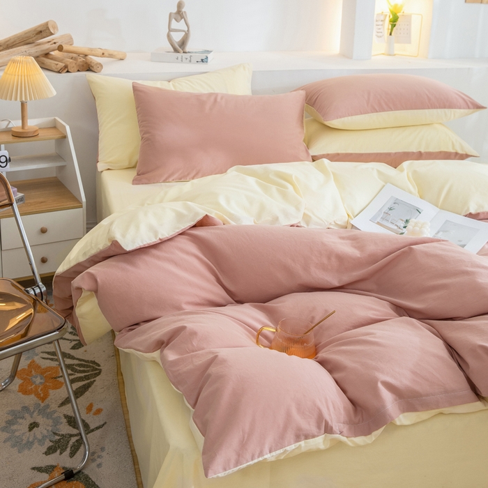 91家纺网 家纺一手货源 找家纺 2025新款全棉双拼水洗棉四件套 双拼-豆沙奶黄