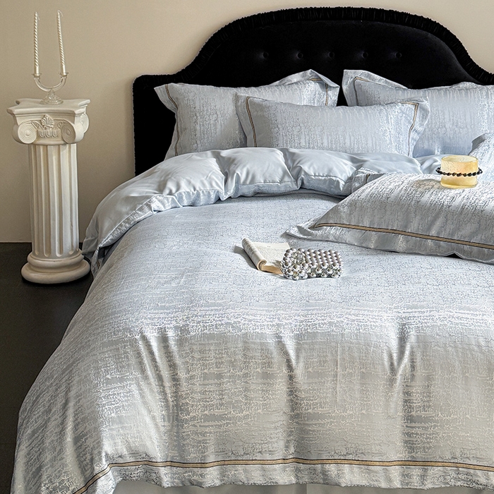 91家纺网 家纺一手货源 找家纺 优悦生活馆 2025新款冰丝亮丝提花四件套-白月光 水波蓝