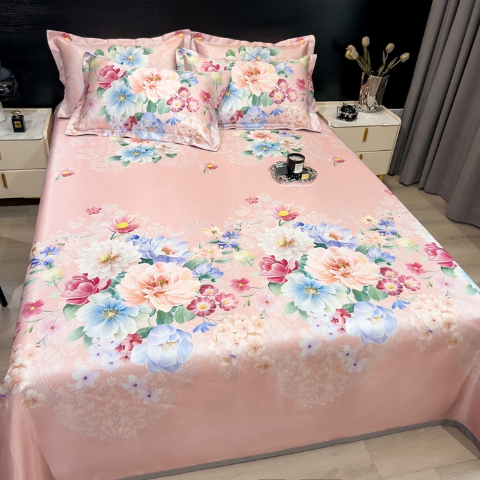 91家纺网 家纺一手货源 找家纺 许林 2025新款冰丝凉席床单款凉席三件套-海棠花