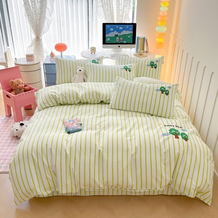 雅居纺家纺 2025春夏新款全棉纯棉绣花老粗布四件套 发财树