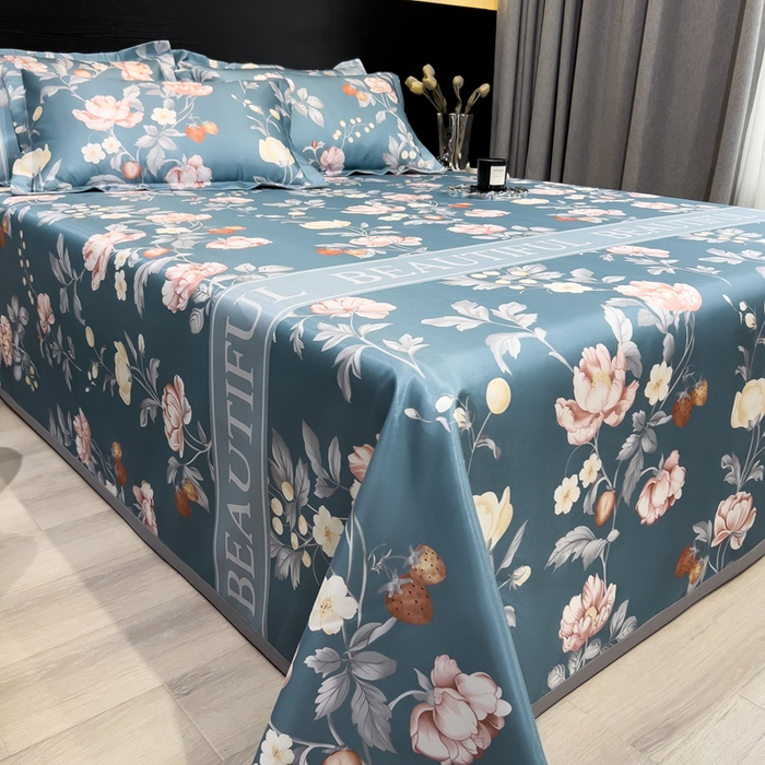 91家纺网 家纺一手货源 找家纺 许林家纺  2025新款冰丝凉席床单款凉席三件套 蜜桃花