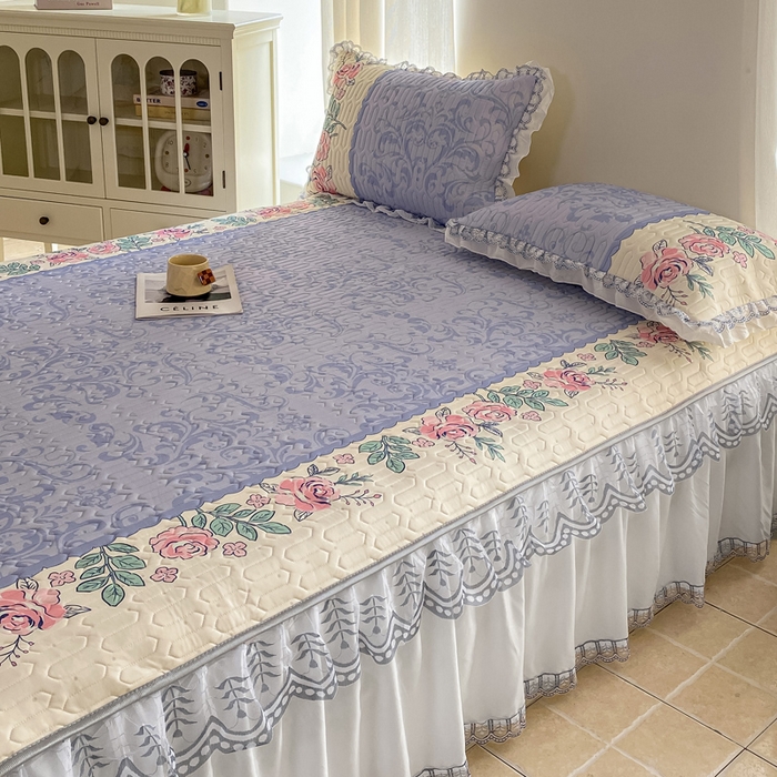 91家纺网 家纺一手货源 找家纺 麋兔 2025新款冰丝床裙乳胶凉席席子 紫蔓