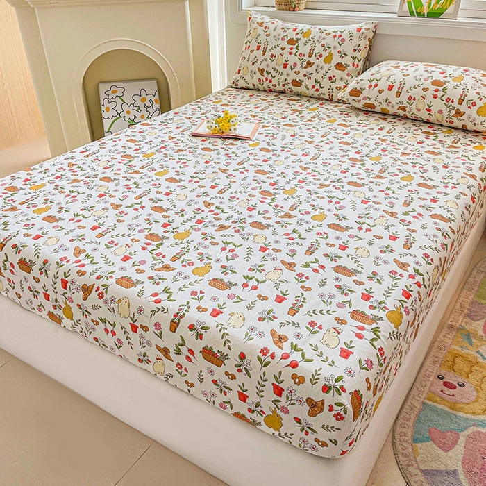 91家纺网 家纺一手货源 找家纺 晓时候2025新款老粗布床笠凉席 花丛兔