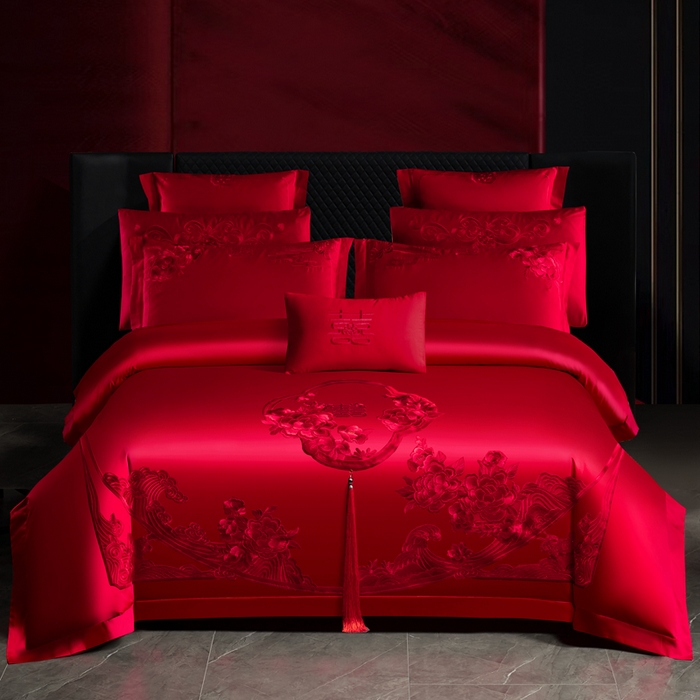 91家纺网 家纺一手货源 找家纺 慕她家纺 2025新款慕她婚庆四件套全棉纯棉结婚刺绣花多件套六八十床品 美丽红妆