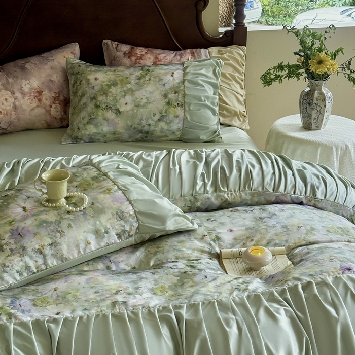 91家纺网 家纺一手货源 找家纺 艾米家居 2025新款A类天丝棉冰丝法式花边褶皱款四件套 绿野仙踪褶皱款