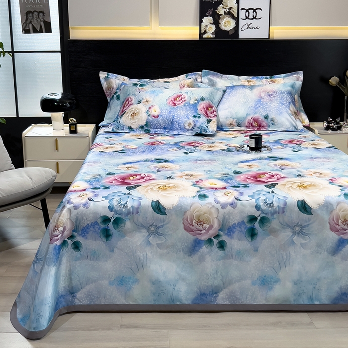 91家纺网 家纺一手货源 找家纺 许林 2025新款冰丝凉席床单款凉席三件套-盛夏