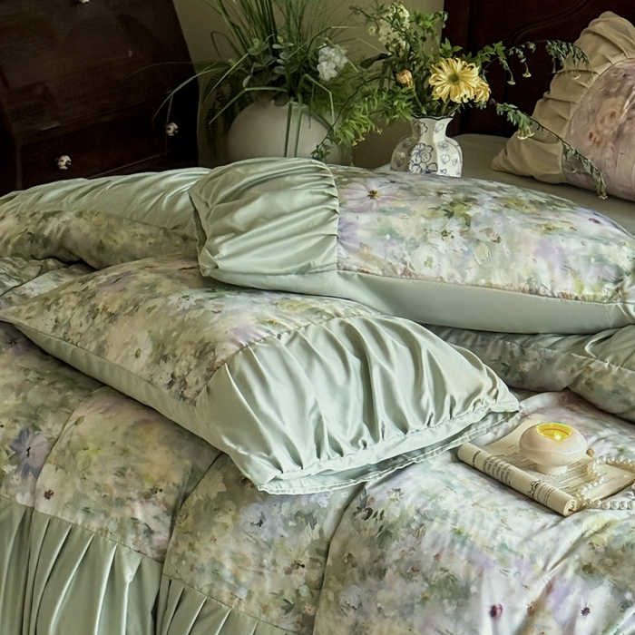 91家纺网 家纺一手货源 找家纺 艾米家居 2025新款A类天丝棉冰丝法式花边褶皱款四件套 绿野仙踪褶皱款