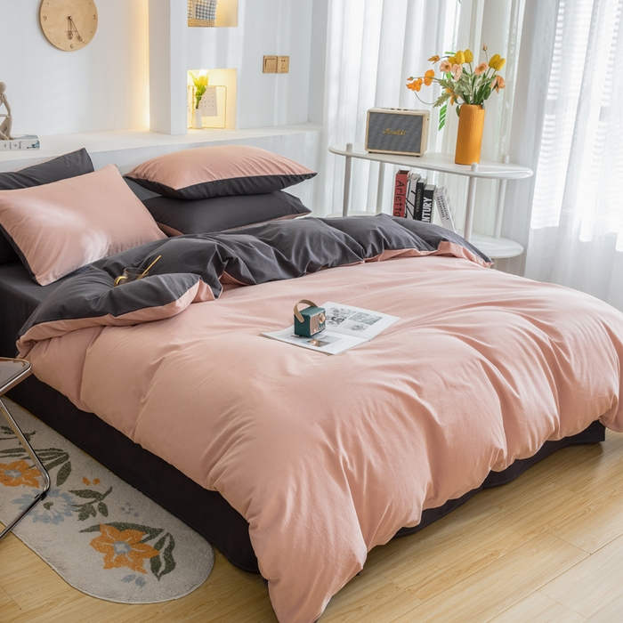 91家纺网 家纺一手货源 找家纺 2025新款全棉双拼水洗棉四件套 双拼-豆沙深灰