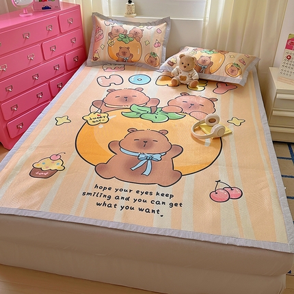 希诺2025新款大版卡通凉席冰丝席三件套 贪吃卡皮巴拉