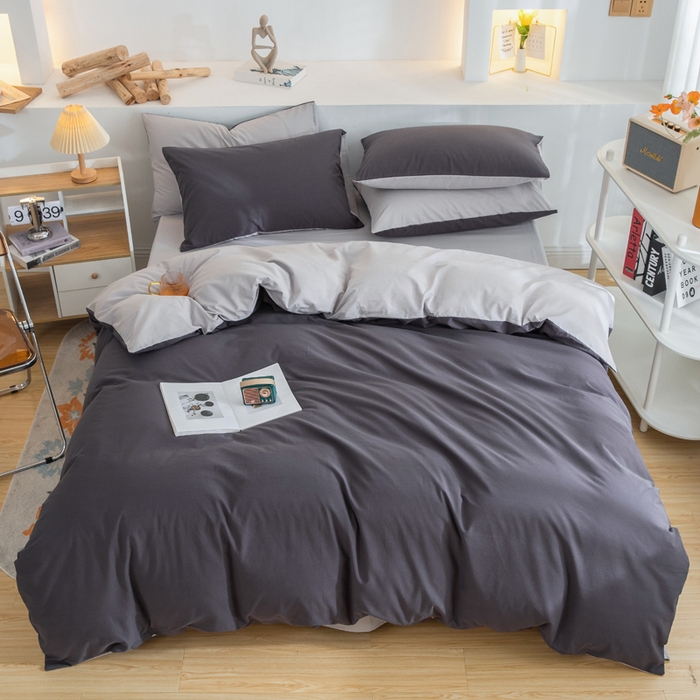91家纺网 家纺一手货源 找家纺 2025新款全棉双拼水洗棉四件套 双拼-深灰浅灰