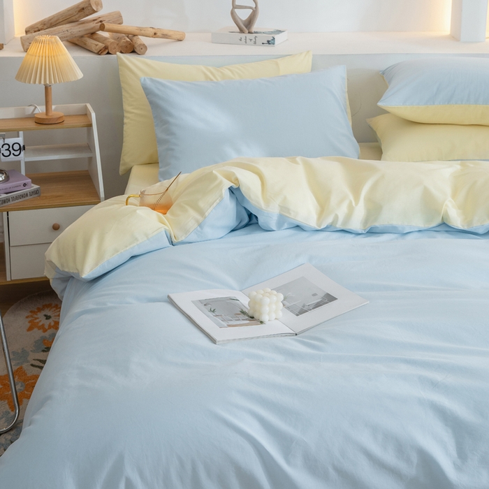 91家纺网 家纺一手货源 找家纺 2025新款全棉双拼水洗棉四件套 双拼-天蓝奶黄