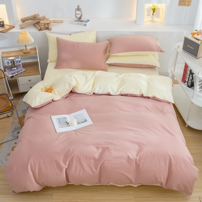 91家纺网 家纺一手货源 找家纺 2025新款全棉双拼水洗棉四件套 双拼-豆沙奶黄