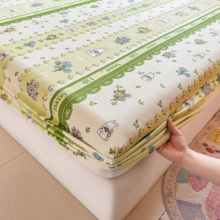 91家纺网 家纺一手货源 找家纺 晓时候2025新款老粗布床笠凉席 田园小兔