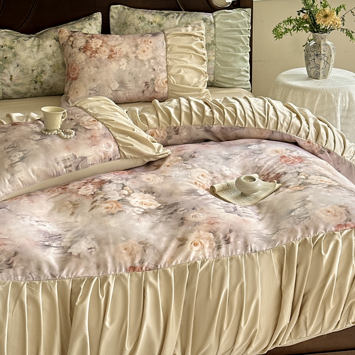 91家纺网 家纺一手货源 找家纺 艾米家居 2025新款A类天丝棉冰丝法式花边褶皱款四件套 秘密花园皱褶款