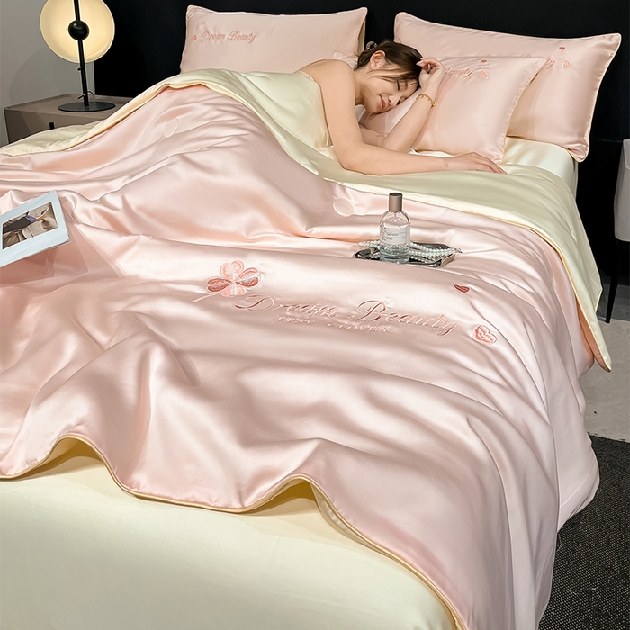 91家纺网 家纺一手货源 找家纺 如一 2025新款水洗冰丝麻绳夏被四件套-四叶草 四叶草-粉米