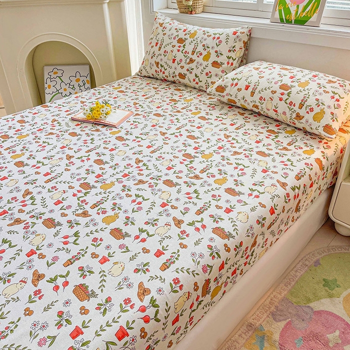 91家纺网 家纺一手货源 找家纺 晓时候2025新款老粗布床笠凉席 花丛兔