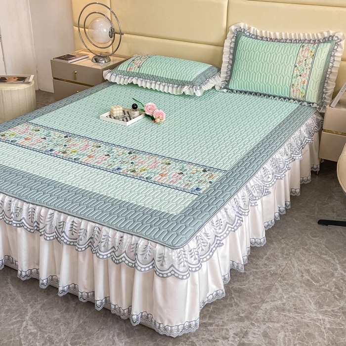 91家纺网 家纺一手货源 找家纺 麋兔 2025新款冰丝床裙乳胶凉席席子 雨花