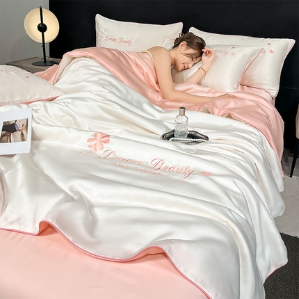 91家纺网 家纺一手货源 找家纺 如一 2025新款水洗冰丝麻绳夏被四件套-四叶草 四叶草-奶白粉