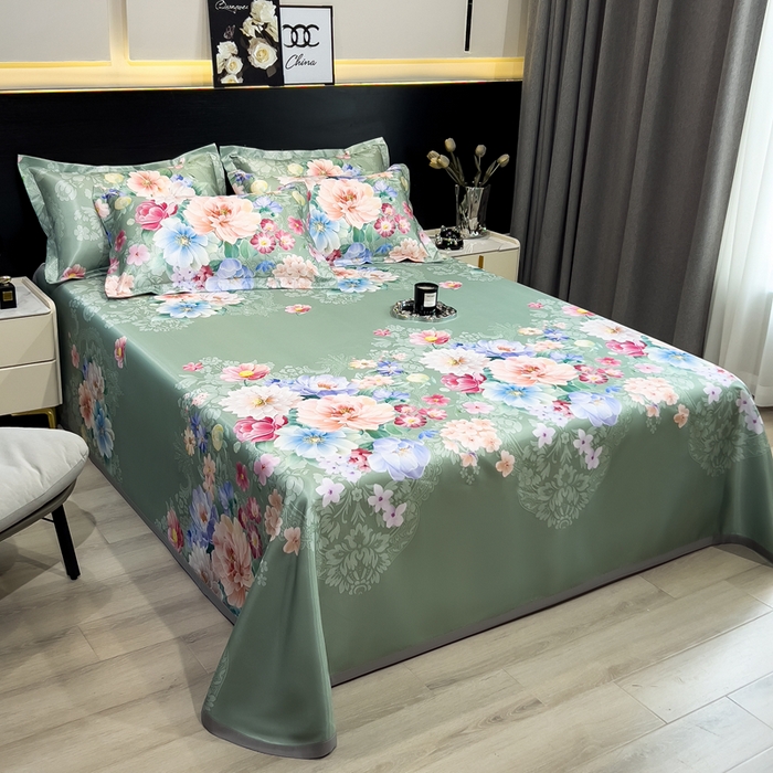 91家纺网 家纺一手货源 找家纺 许林 2025新款冰丝凉席床单款凉席三件套-繁花