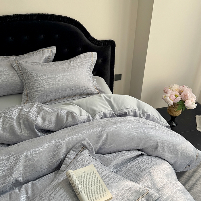91家纺网 家纺一手货源 找家纺 优悦生活馆 2025新款冰丝亮丝提花四件套-白月光 星辰灰