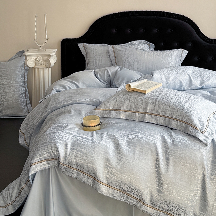 91家纺网 家纺一手货源 找家纺 优悦生活馆 2025新款冰丝亮丝提花四件套-白月光 水波蓝