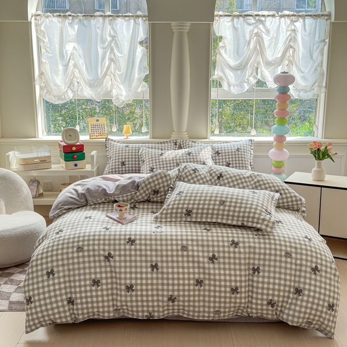 91家纺网 家纺一手货源 找家纺 佑佳家纺 2025年新款铂金棉芦荟棉学生三件套四件套 单被套 单枕套「支持定做各种尺寸」 蝴蝶结-灰