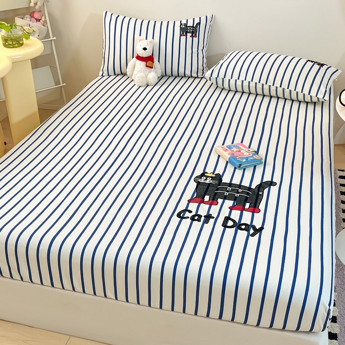 91家纺网 家纺一手货源 找家纺 雅居纺家纺 2025春夏新款全棉纯棉绣花A类老粗布单床笠床笠单件 老粗布-小猫咪