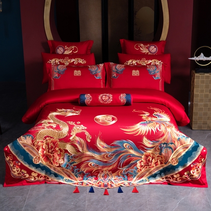 91家纺网 家纺一手货源 找家纺 （总）慕她家纺 慕她婚庆长绒棉四件套大红色全棉纯棉刺绣结婚床上用品