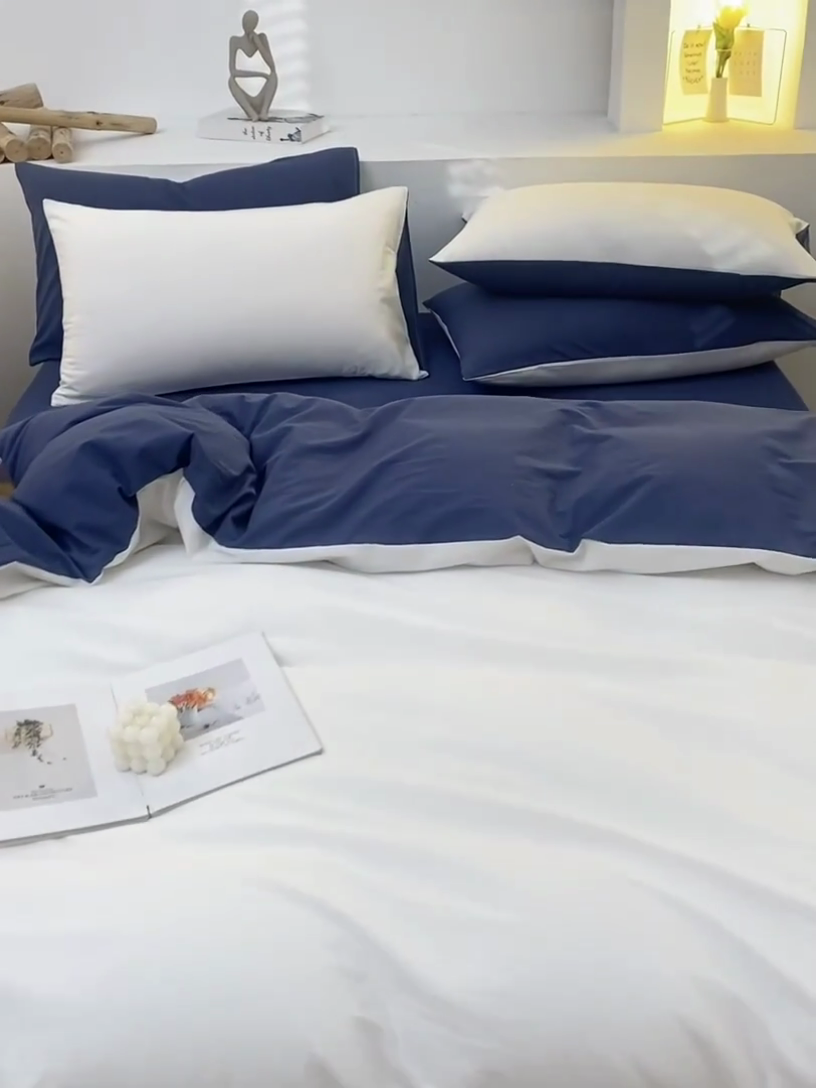 91家纺网 家纺一手货源 找家纺 2025新款全棉双拼水洗棉四件套 双拼-奶白深蓝
