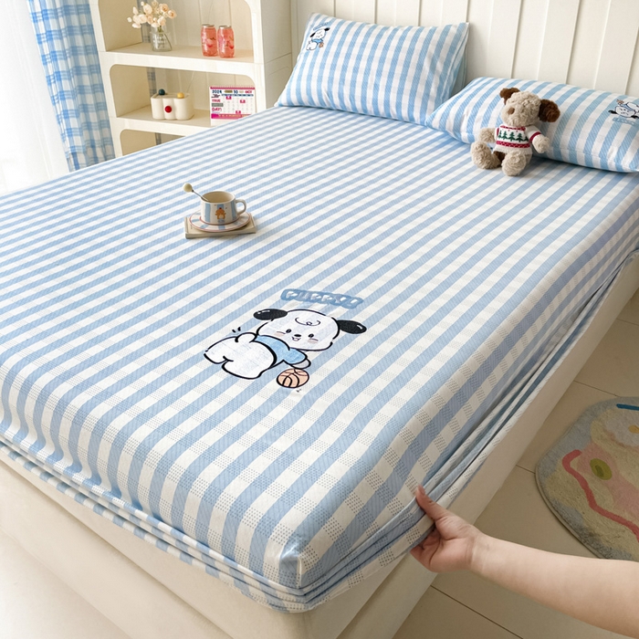 91家纺网 家纺一手货源 找家纺 雅居纺家纺 2025春夏新款全棉纯棉绣花A类老粗布单床笠床笠单件 篮球小狗