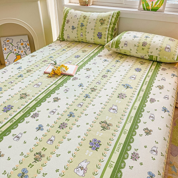 91家纺网 家纺一手货源 找家纺 晓时候2025新款老粗布床笠凉席 田园小兔