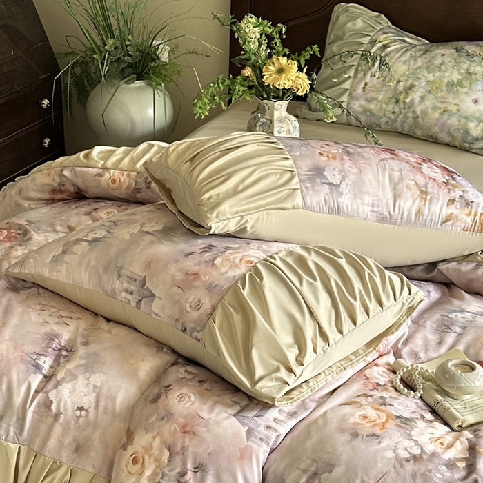 91家纺网 家纺一手货源 找家纺 艾米家居 2025新款A类天丝棉冰丝法式花边褶皱款四件套 秘密花园皱褶款