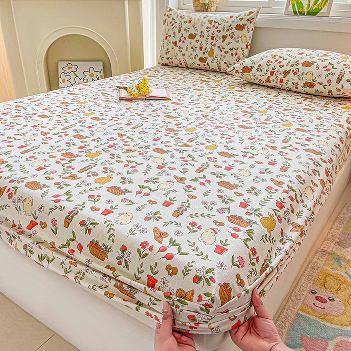 91家纺网 家纺一手货源 找家纺 晓时候2025新款老粗布床笠凉席 花丛兔