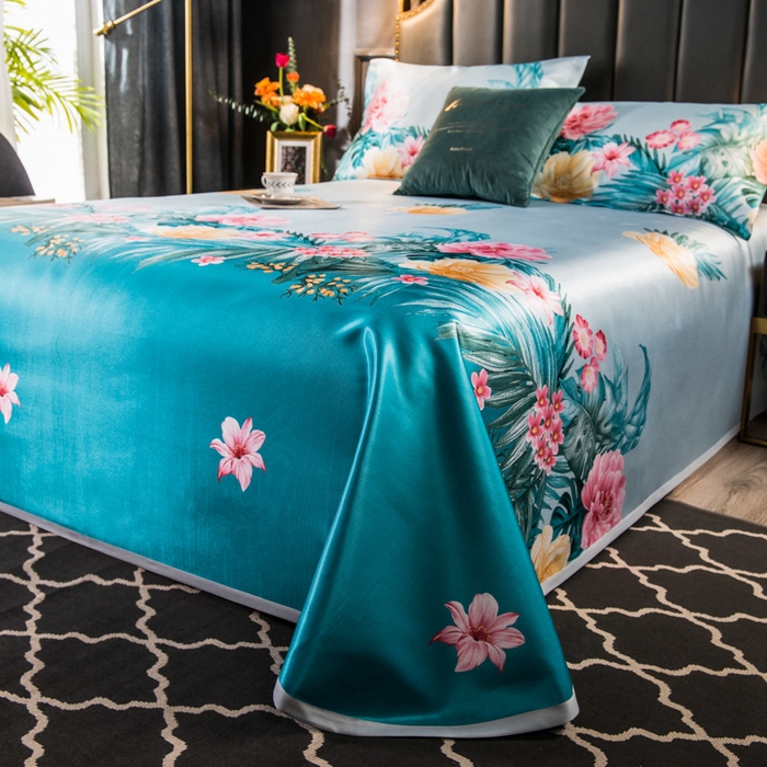 91家纺网 家纺一手货源 找家纺 许林 2025新款冰丝凉席床单款凉席三件套-春暖花开